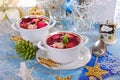 Red borscht with ravioli for christmas Royalty Free Stock Photo