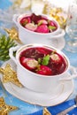 Red borscht with ravioli for christmas Royalty Free Stock Photo