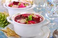 Red borscht with ravioli for christmas Royalty Free Stock Photo