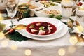 Red borscht with ravioli and other traditional Christmas Eve dishes in Poland Royalty Free Stock Photo