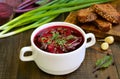Red borscht soup with dill in white bowl Royalty Free Stock Photo