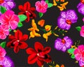 Red Botanical Decor. Colorful Orchid Garden. Green Hibiscus Set. Purple Flower Textile. Yellow Watercolor Textile. Pink Seamless G Royalty Free Stock Photo