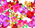 Red Botanical Set. Yellow Orchid Set. Purple Hibiscus Leaf. Green Flower Wallpaper. Pink Watercolor Leaves. Colorful Seamless Jung Royalty Free Stock Photo