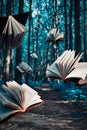 Red-bound books fly in the woods