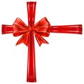 Red bow with crosswise ribbons with golden strips