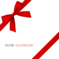 Red bow with diagonally ribbon on the corner. Vector.