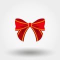 Red bow with gold trim. Icon. Vector. Flat.