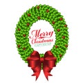 Red bow on green ribbon wreath for Merry Christmas and happy new year festive vector design Royalty Free Stock Photo