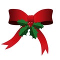 Red Bow with Holly Leaves Christmas Background Royalty Free Stock Photo