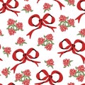 Red bow ribbon and rose flowers seamless pattern. Valentine day, Birthday wallpaper. Hand drawn cartoon cute background Royalty Free Stock Photo