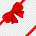 Red bow with ribbons on transparent background. Realistic satin gift bow with knot Royalty Free Stock Photo