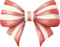 Red bow with white strips, watercolor vector illustration, christmas element.