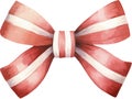 Red bow with white strips, watercolor vector illustration, christmas element.