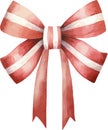 Red bow with white strips, watercolor vector illustration, christmas element.