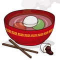 Red bowl with colorful tangyuan and chopsticks, Vector Illustration