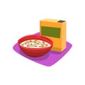 Red bowl full of corn flakes with milk. Breakfast concept. Fast food. Good morning. Cartoon flat vector design for promo Royalty Free Stock Photo