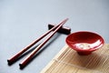 Red bowl and Red wood Chopsticks Royalty Free Stock Photo