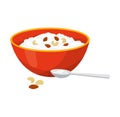 Red bowl yogurt almonds cashews, accompanied spoon yogurt. Breakfast food nutritious snack vector