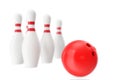 Red bowling ball in the foreground with a blur effect. 3d illustration Royalty Free Stock Photo