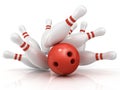 Red bowling ball and scattered pin Royalty Free Stock Photo