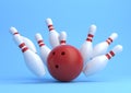 Red Bowling Ball and scattered white skittles isolated on blue background
