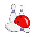 Red bowling ball and three pins with shadows and background. Vector illustration. Cartoon Royalty Free Stock Photo