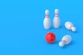 Red bowling ball and white pins on blue background Royalty Free Stock Photo