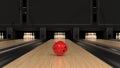 Red bowling ball on a wooden track with pins Royalty Free Stock Photo