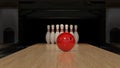 Red bowling ball on a wooden track with pins Royalty Free Stock Photo