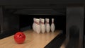 Red bowling ball on a wooden track with pins Royalty Free Stock Photo