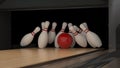 Red bowling strike ball on a wooden track with pins