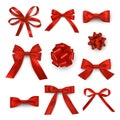 Red bows and ribbons assortment realistic set. Gift present box decoration elements