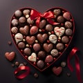 Red box of chocolates with a red bow, means chocolates in the shape of hearts. Heart as a symbol oection and love Royalty Free Stock Photo