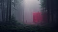 Red Box In Foggy Forest: Hyper-realistic Sci-fi Installation