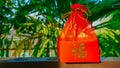 Red box gift box in Chinese New Year. Chinese character is `fu` means Luck and good fortune. Chinese New Year, elders always hav Royalty Free Stock Photo