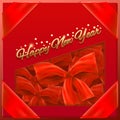 Red box, set of bows, golden inscription Happy NY