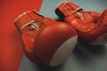 red boxing gloves on a red and blue background Royalty Free Stock Photo