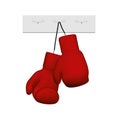 Red boxing gloves hang on a hanger isolated on a white background. 3D. Front view. Vector illustration Royalty Free Stock Photo