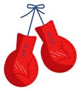 Red boxing gloves hanging with blue stitches and shadow details. Cartoon-styled sports equipment for fighting, training Royalty Free Stock Photo