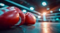 Red boxing gloves lying on the canvas of an empty boxing ring under dramatic gym lighting Royalty Free Stock Photo