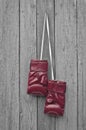 Red boxing leather gloves hangs on a nail