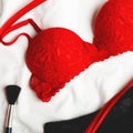 Red bra with black suspenders, garter belt concept of sex. erotic female underwear on a white bed background. valentine`s day,