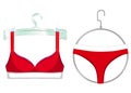 Red bra and panties on a hangers. Female underwear isolated on white background. Vector illustration. Royalty Free Stock Photo