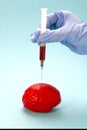 Red brain on a blue background. An unknown drug is injected into the brain. The injection is made by hand using a blue