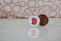 Red and brass bitcoins Royalty Free Stock Photo