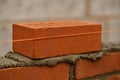 Red brick aligned by masonry string on a bed of mortar during precise bricklaying at a construction site, illustrating building Royalty Free Stock Photo