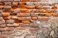 Red brick block wall texture old background ancient weathered brick wall with cracks and destroyed stucco layer with copy space Royalty Free Stock Photo