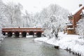 Red brick bridge in snow-covered Surrey after a snowstorm in the UK Royalty Free Stock Photo