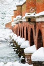 Red brick bridge in snow-covered Surrey after a snowstorm Royalty Free Stock Photo