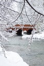 Red brick bridge in snow-covered Surrey after a snowstorm in Surrey Royalty Free Stock Photo